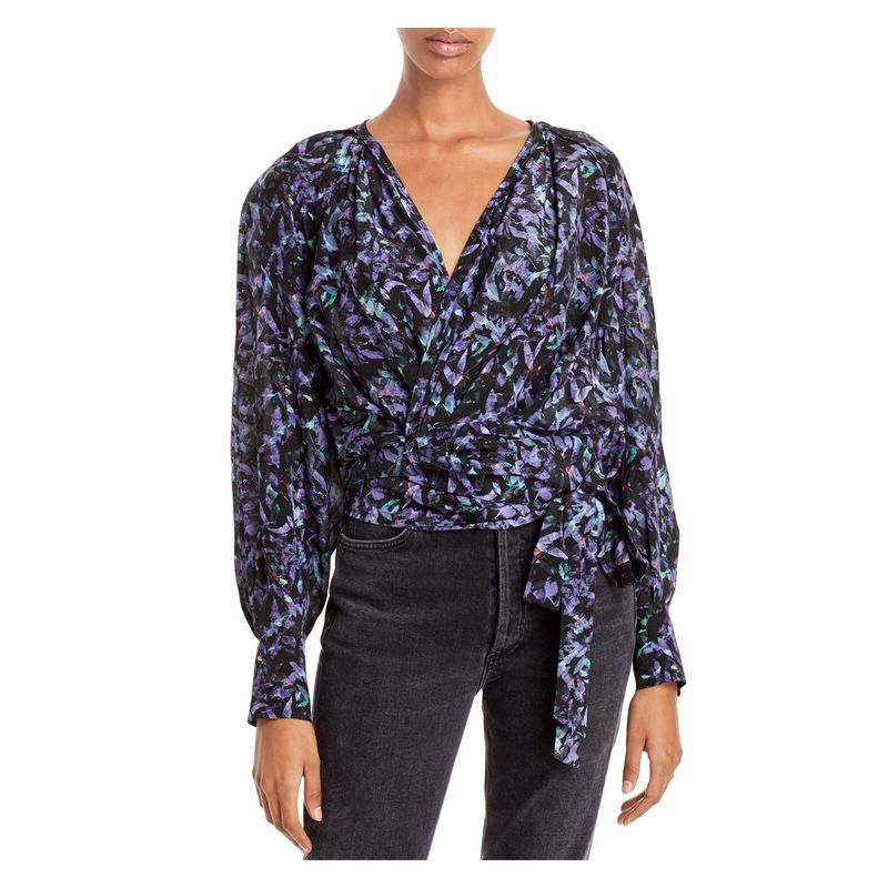 Iro Womens Black Tie Ruffled Printed Long Sleeve Surplice Neckline Wrap Top 36